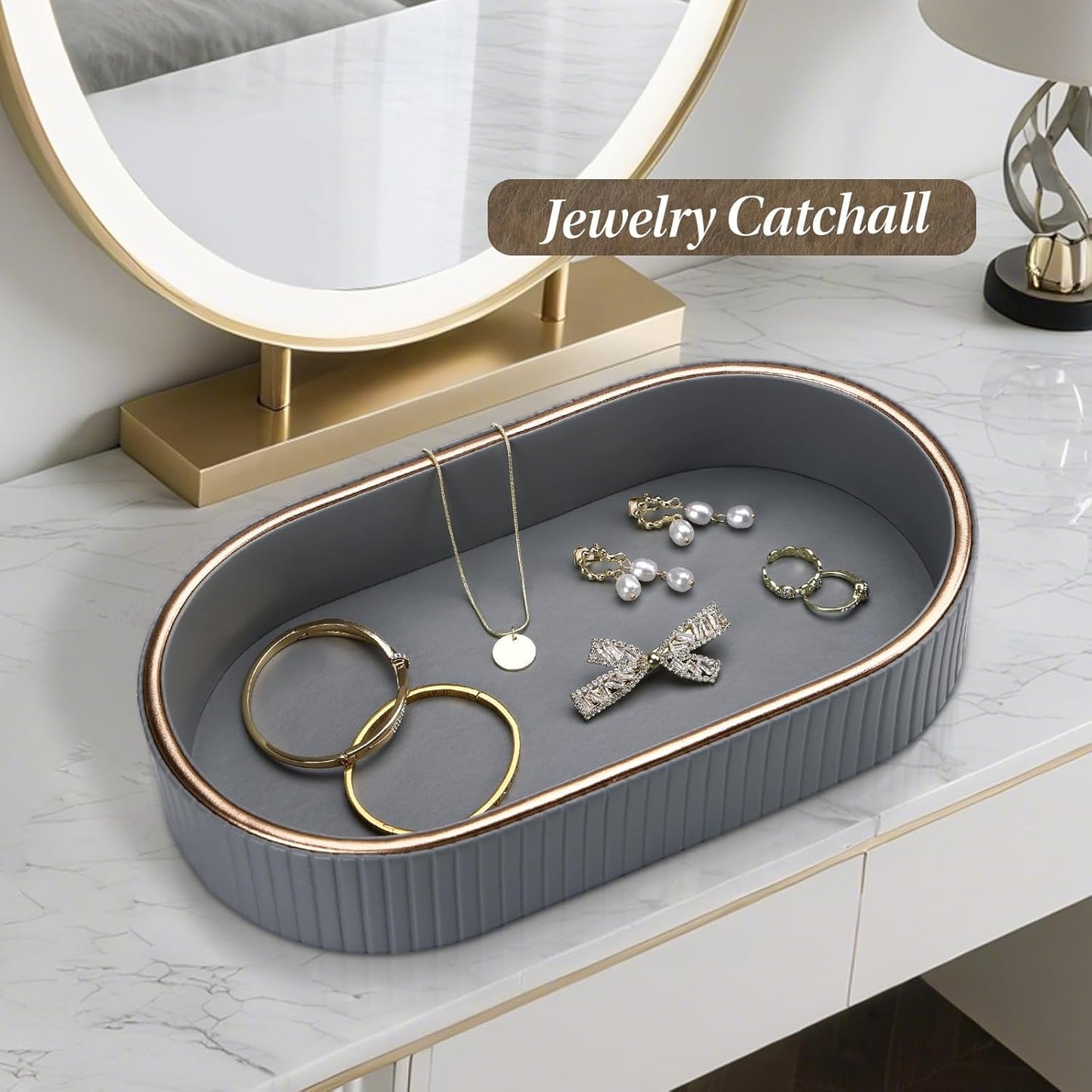 GORESE PU Leather Perfume Tray Nightstand Organizer, Small Oval Desk Tray Jewelry Trinket Trays Valet Organizer Key Bowl for Entryway Dresser Bathroom, Catchall Trays for Men Women, 11×5.9 in, Beige