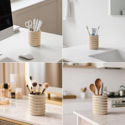 WORHE Pen Holder Stand Italy Natural Premium True Marble Makeup Brush Holders, Tableware Organizer Desk Pencil Cup for Home Office School Decor Dark Grey (DL012)