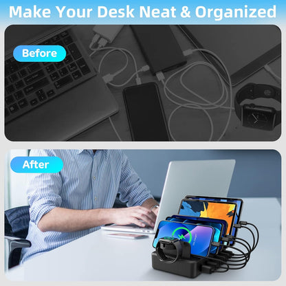 CREATIVE DESIGN Charging Station for Multiple Devices, 50W 6 Ports Charging Dock with 6 Cables Compatible with Cellphone,Tablet, Kindle, Apple Watch and Other Electronic