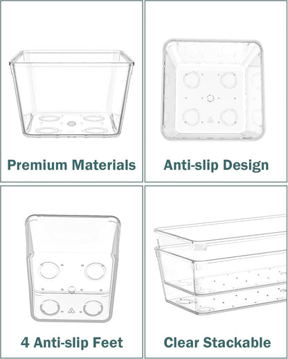 15Pcs Clear Plastic Drawer Organizers Set, 4size makeup drawer organizer trays for vanity/desk/bathroom/office/nightstand/gadgets for kitchen/desk drawer, Versatile drawer divider storage bins