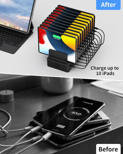 100W Charging Station for Multiple Devices, 10-Port USB Fast Charging Station with Adjustable Dividers & 10 Cables- Multi Device Organizer Charging Dock for iPhone, iPad, Tablets & More(White)