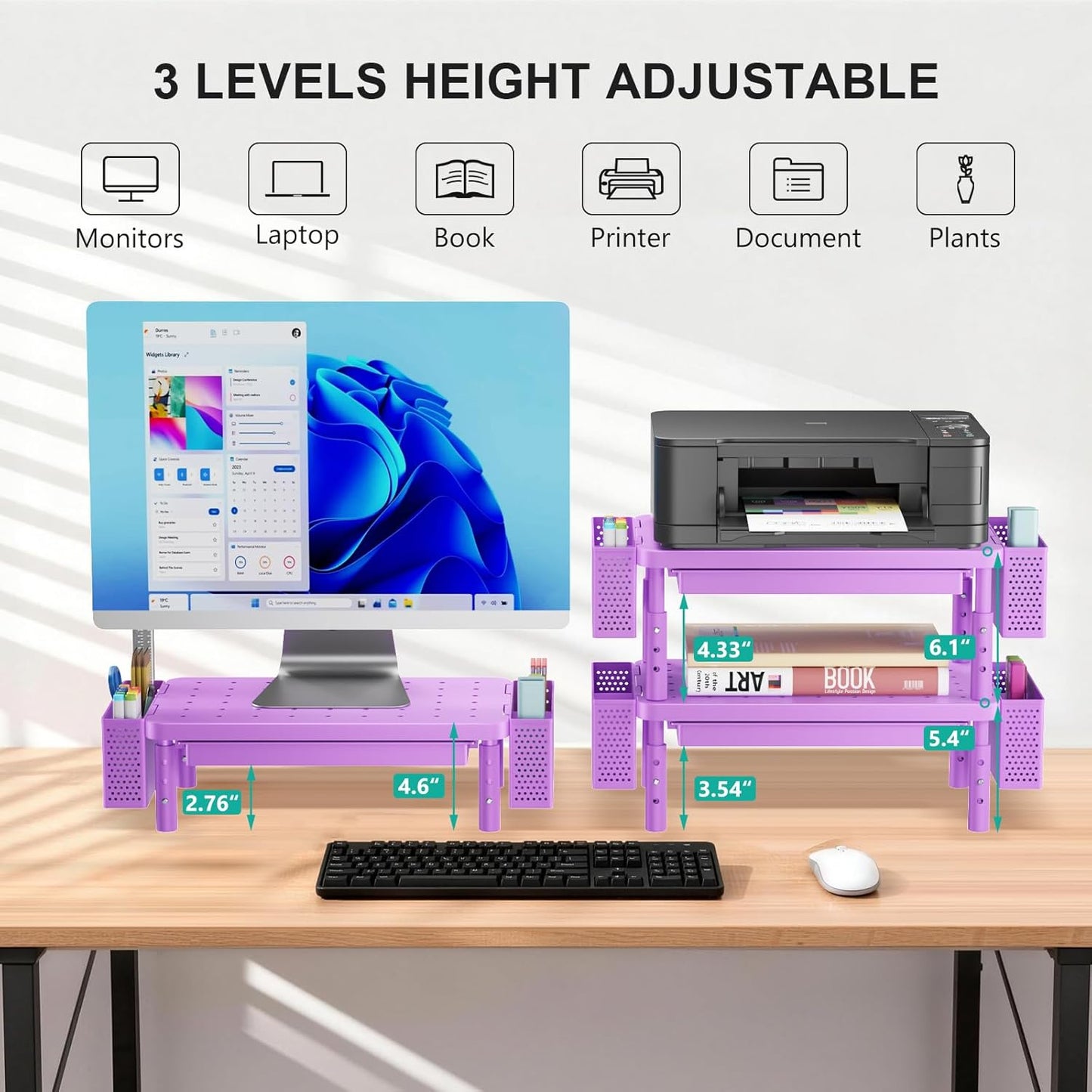 WALI Computer Monitor Stand with Storage, Desk Monitor Riser 3 Height Adjustable, Laptop Riser with Airflow Vents, Desk Organizer for Computer, Laptop, Printer (PTT002-B), 1 Pack, Black