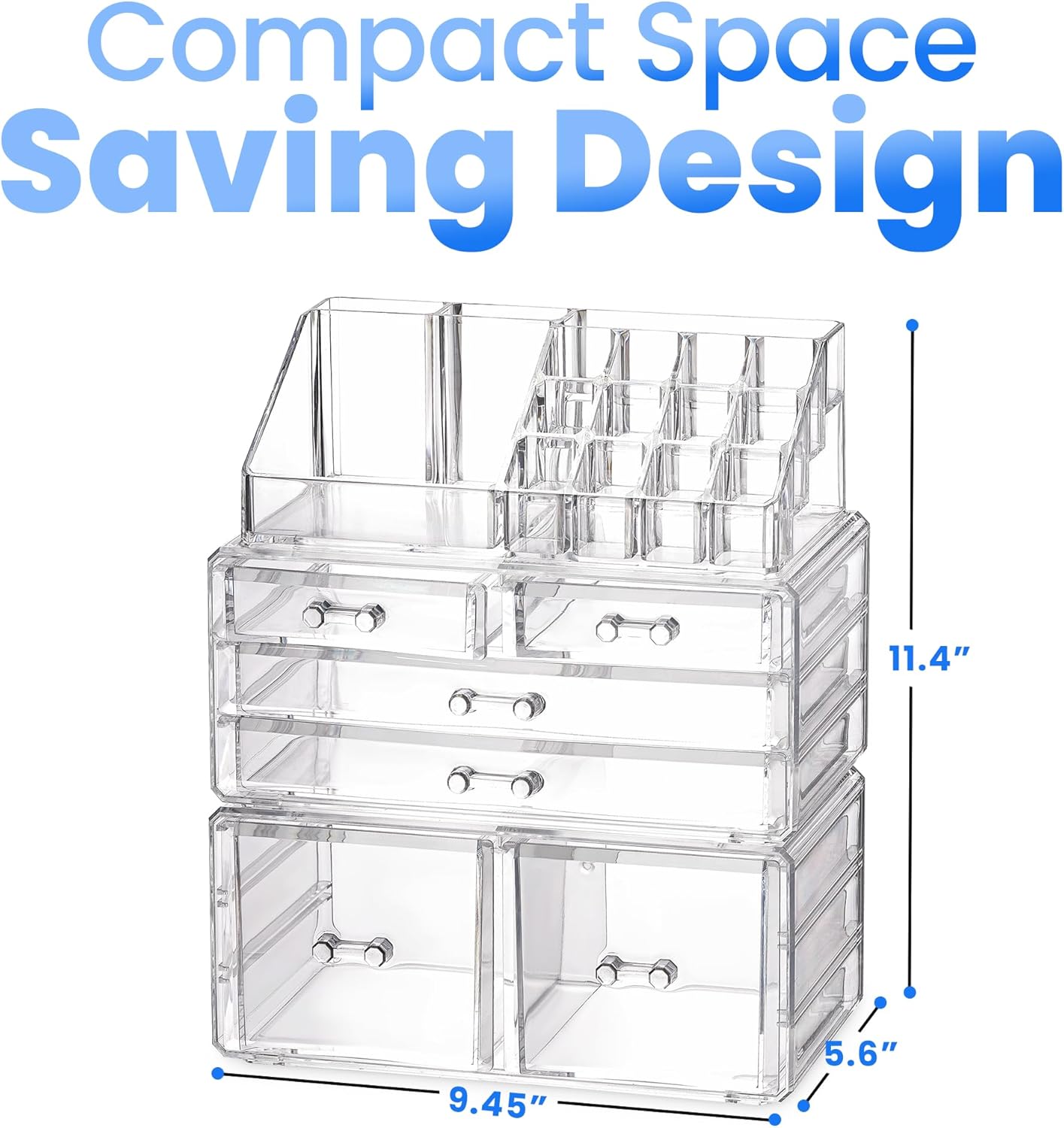 Masirs Clear Makeup Organizer - 16-Compartment Cosmetic and Jewelry Holder with 4 Drawers - Vanity Storage Box for Makeup, Skincare, Accessories, and Jewelry Display