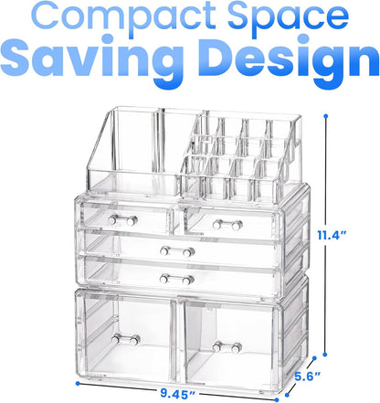 Masirs Clear Makeup Organizer - 16-Compartment Cosmetic and Jewelry Holder with 4 Drawers - Vanity Storage Box for Makeup, Skincare, Accessories, and Jewelry Display