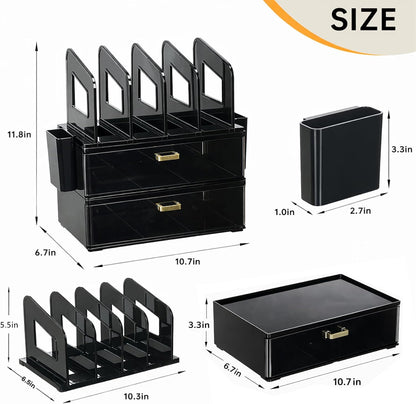 CiWiVOKi Desk Organizer with 2 Vertical File Holder, 4 Tier Stackable Paper Letter Tray File Organizer with 5-Compartments Pen Holder, Clear Desktop Organizer Office Organization and Storage