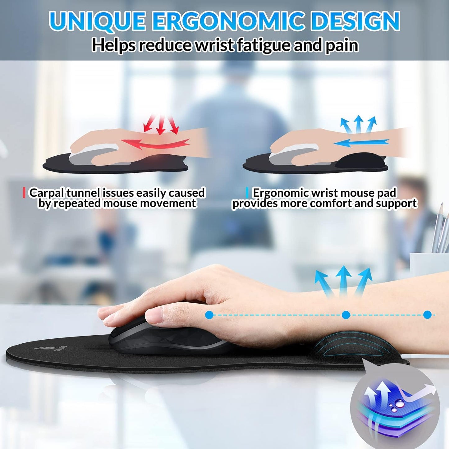Gimars Elongate Smooth Lycra Fabric Ergonomic Mouse Pad Wrist Support, Gel Memory Foam Cushion Set Keyboard Wrist Rest Support, Pain Relieve for Computer, Laptop, Office, School, Home, Gaming, Black