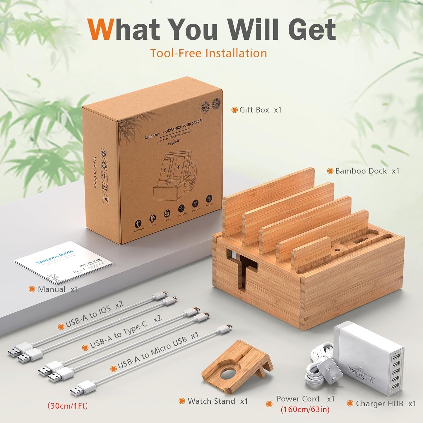 Bamboo Charging Station for Multiple Devices with 5 Port USB Charger, 5 Charger Cables and Smart Watch Stand. Wood Desktop Dock Stations Electronic Organizer for Cell Phone, Tablet, Watch, Office