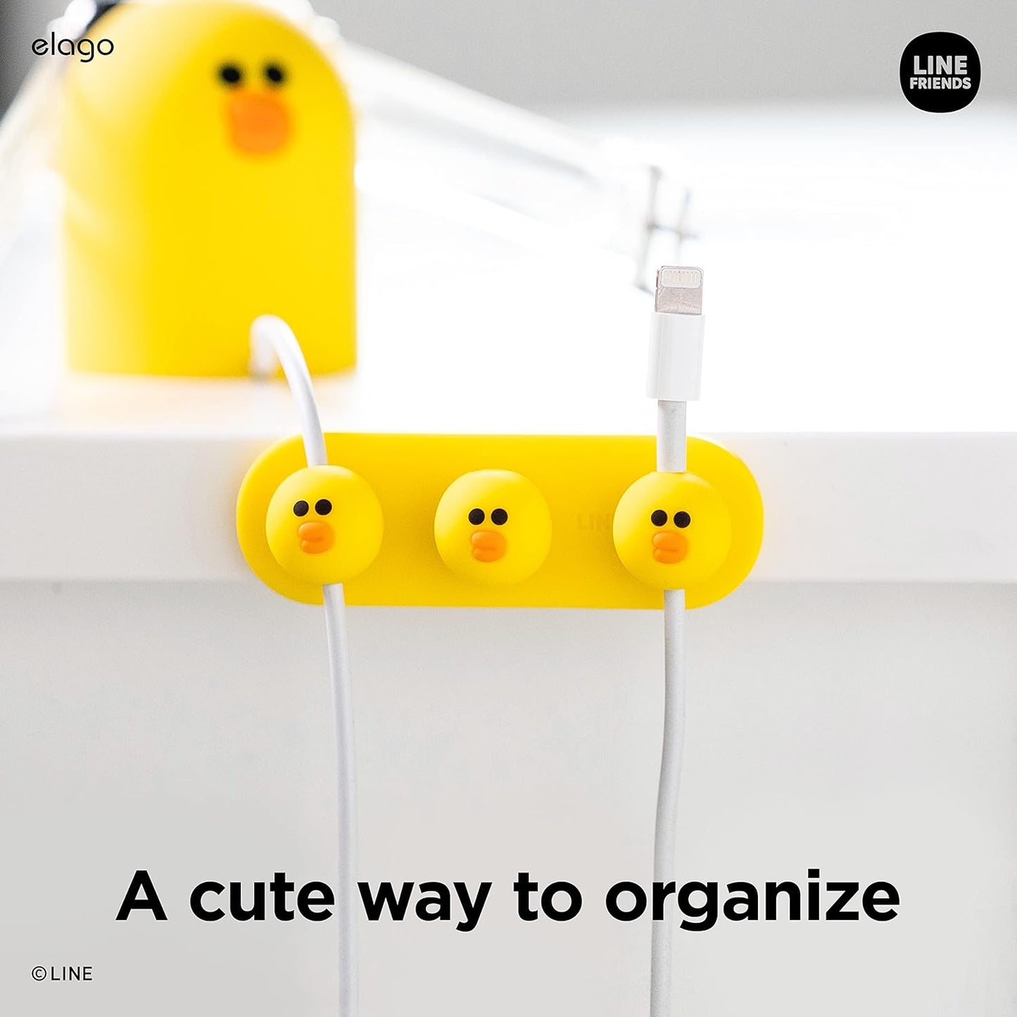 elago | LINE Friends Magnetic Cable Management Buttons, Organize 3 Cables, Powerful Magnets, Reusable Sticker Attaches to Surface, Desk Organization (Brown)