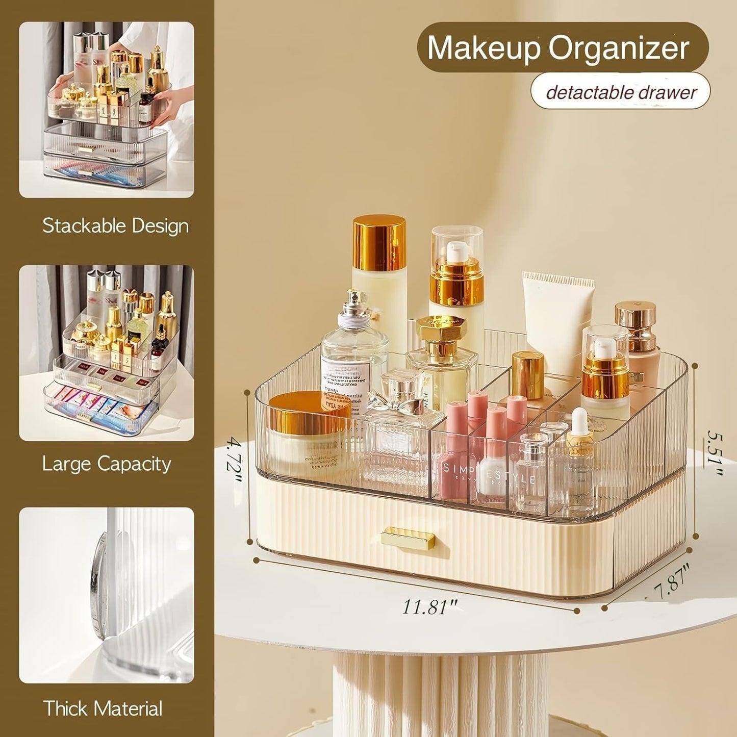 Stackable Cosmetics Organizer Drawers, Bathroom Vanity Makeup Organizers and Storage, Ideal for Desk and Dresser Countertops, Great for Palette, Skincare, Lipsticks, Nail Care. Green
