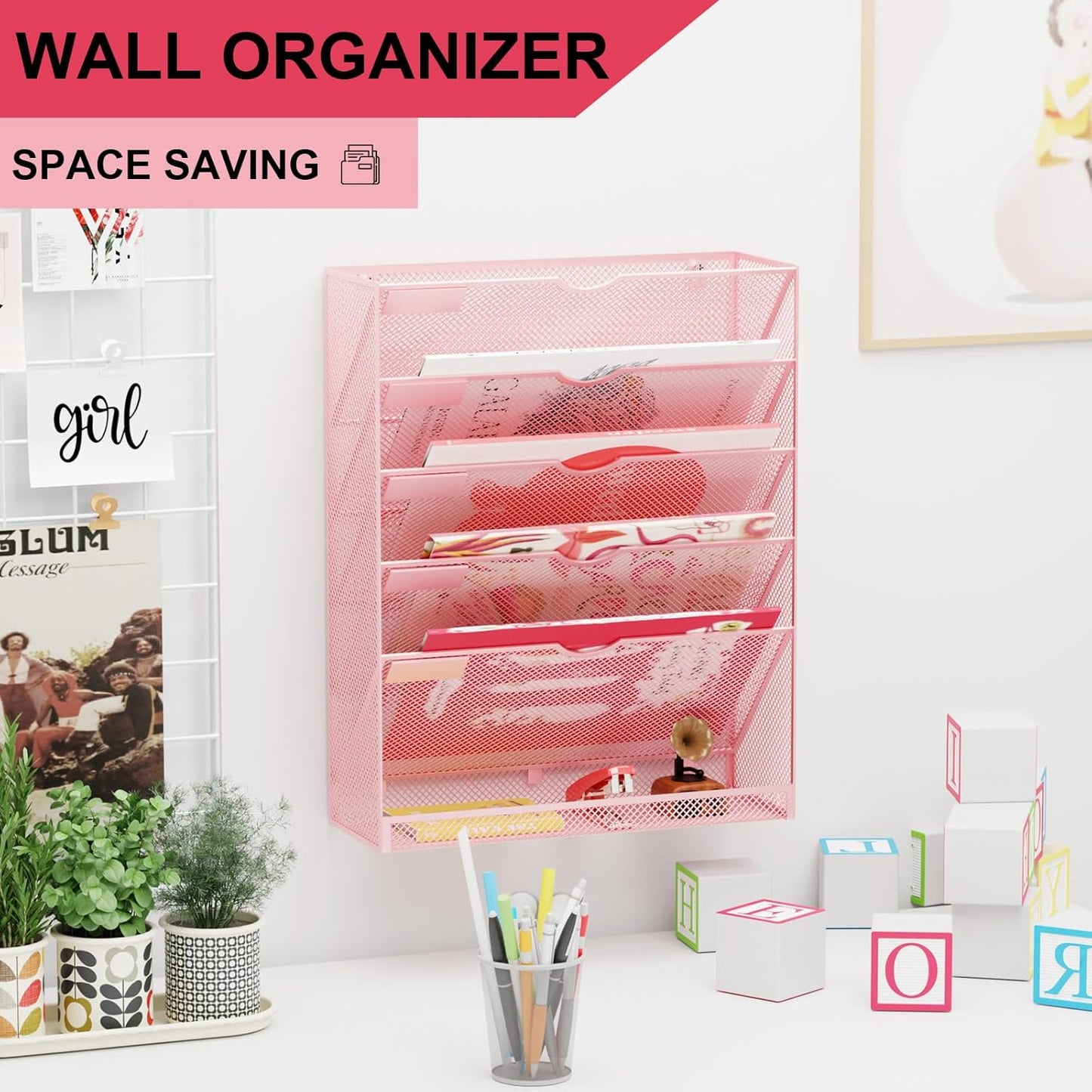 Wall File Organizer Holder Mesh Hanging Paper Document Holder,Vertical 6 Pocket Tier for Office Home, Black