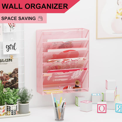Wall File Organizer Holder Mesh Hanging Paper Document Holder,Vertical 6 Pocket Tier for Office Home, Black