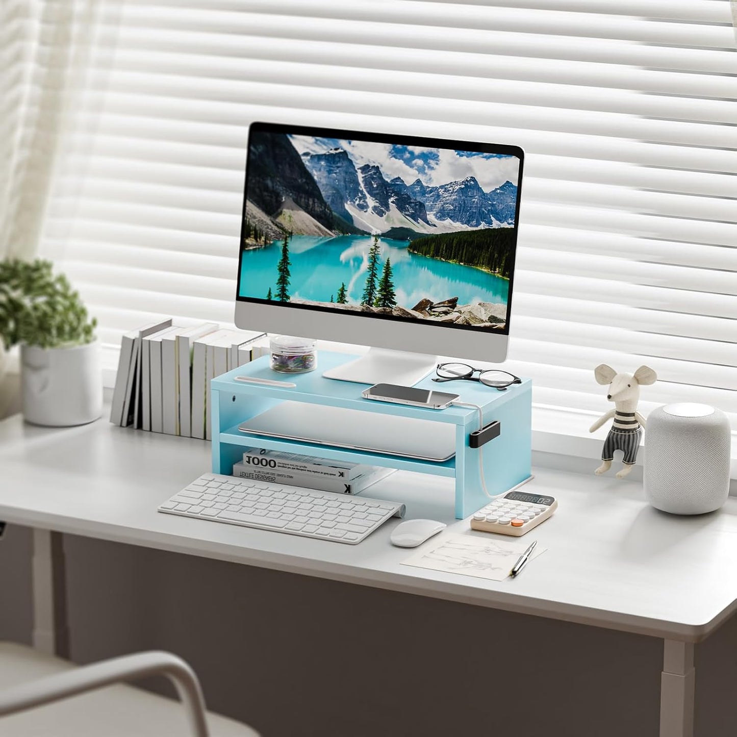 Marbrasse Monitor Stand Riser, 2 Pack 16.5 Inch 2 Tier Computer Monitor Stand, Printer Shelf Stand for Laptop Computer Screen Storagek,Desktop Stand with Phone Holder and Cable Management
