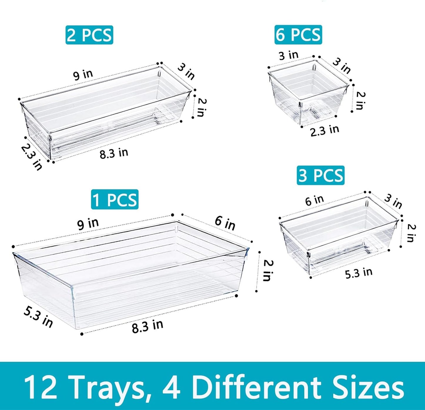 DCA 6 Pack Clear Drawer Organizer, Acrylic Drawer Storage Trays, Storage Bins for Makeup, Cosmetics, Jewelries, Utensils, Gadgets, Office