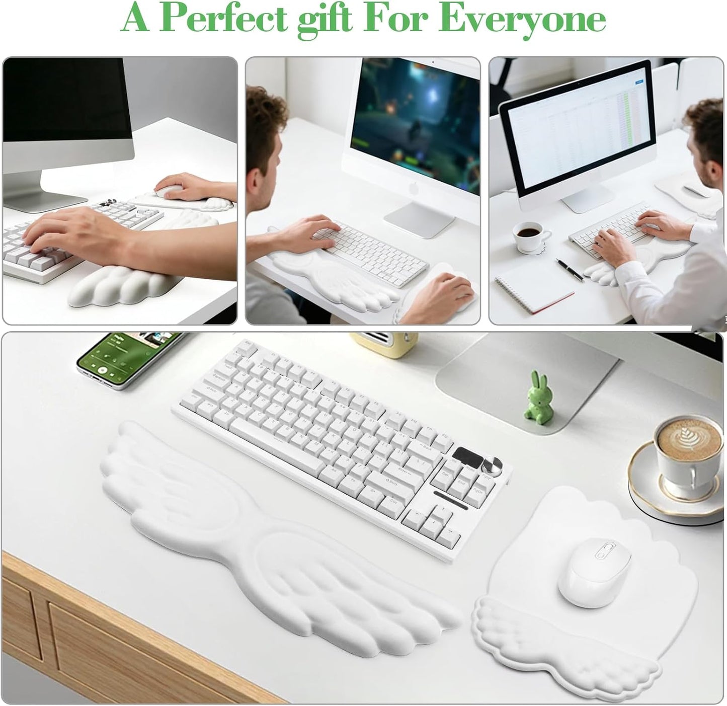Angel Wing Wrist Rest Set, Ergonomic Keyboard Mouse Wrist Support Memory Foam Cushion Hand Support，Cute Wrist Rest Pu Leather Surface Non-Slip Base for Office, Gaming, Work(3Pcs, White)