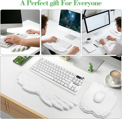 Angel Wing Wrist Rest Set, Ergonomic Keyboard Mouse Wrist Support Memory Foam Cushion Hand Support，Cute Wrist Rest Pu Leather Surface Non-Slip Base for Office, Gaming, Work(3Pcs, White)
