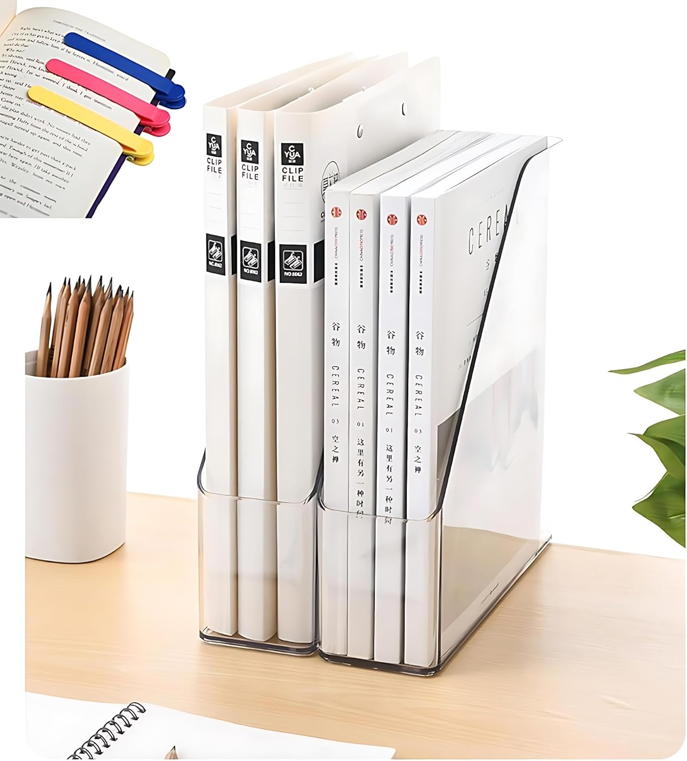 2-Pack Clear Acrylic Vertical Magazine File Holders – Desktop Organizer for Books, Documents, Binders, Envelopes, Includes 3 Bonus Silicone Bookmarks