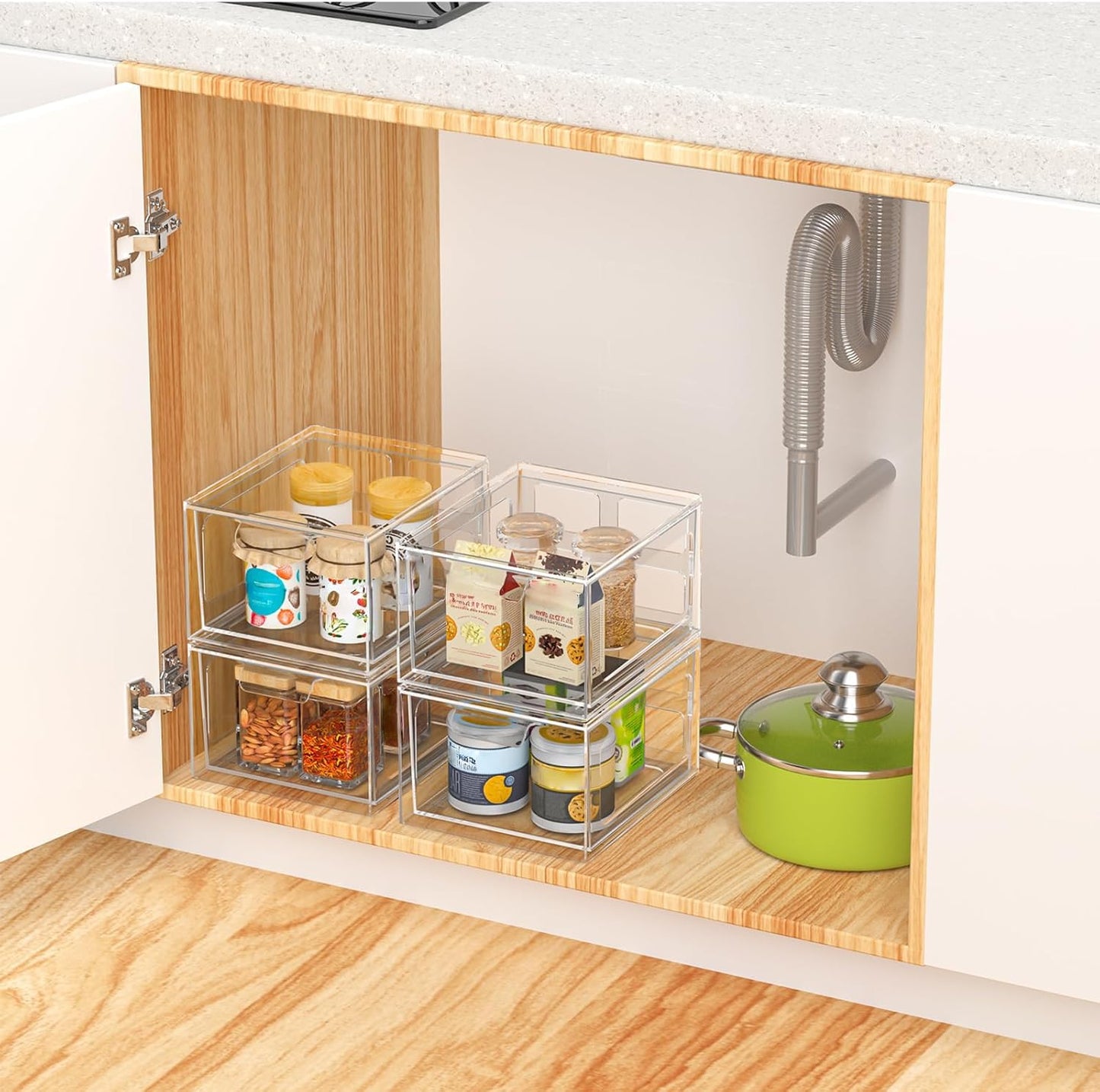 SpaceHacks 4 Pack Stackable Plastic Makeup Organizer Drawers, Acrylic Organizers, Clear Storage Bins with Pull-Out Handles for Vanity, Kitchen Cabinets, Pantry
