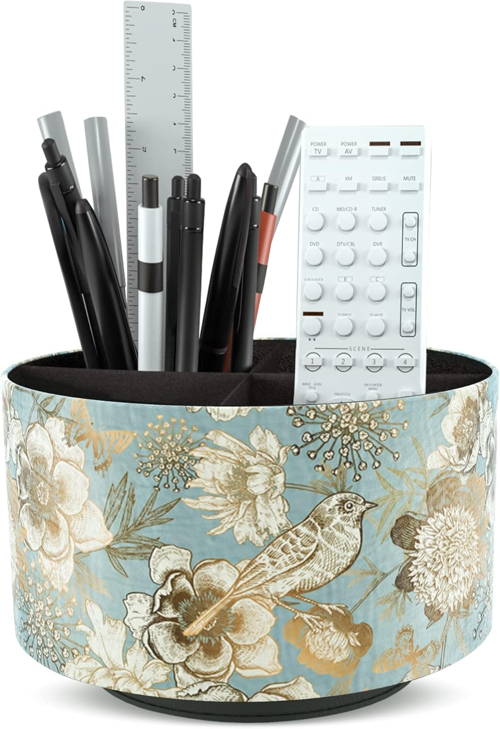 Hennaja Round Leather Art Supply Organizer,Remote Control Holder,360 Degree Rotating,Multi-Functional Pencil Holder,4 Compartments Desktop Stationary Organizer(1-Blue Bird) - Colors C