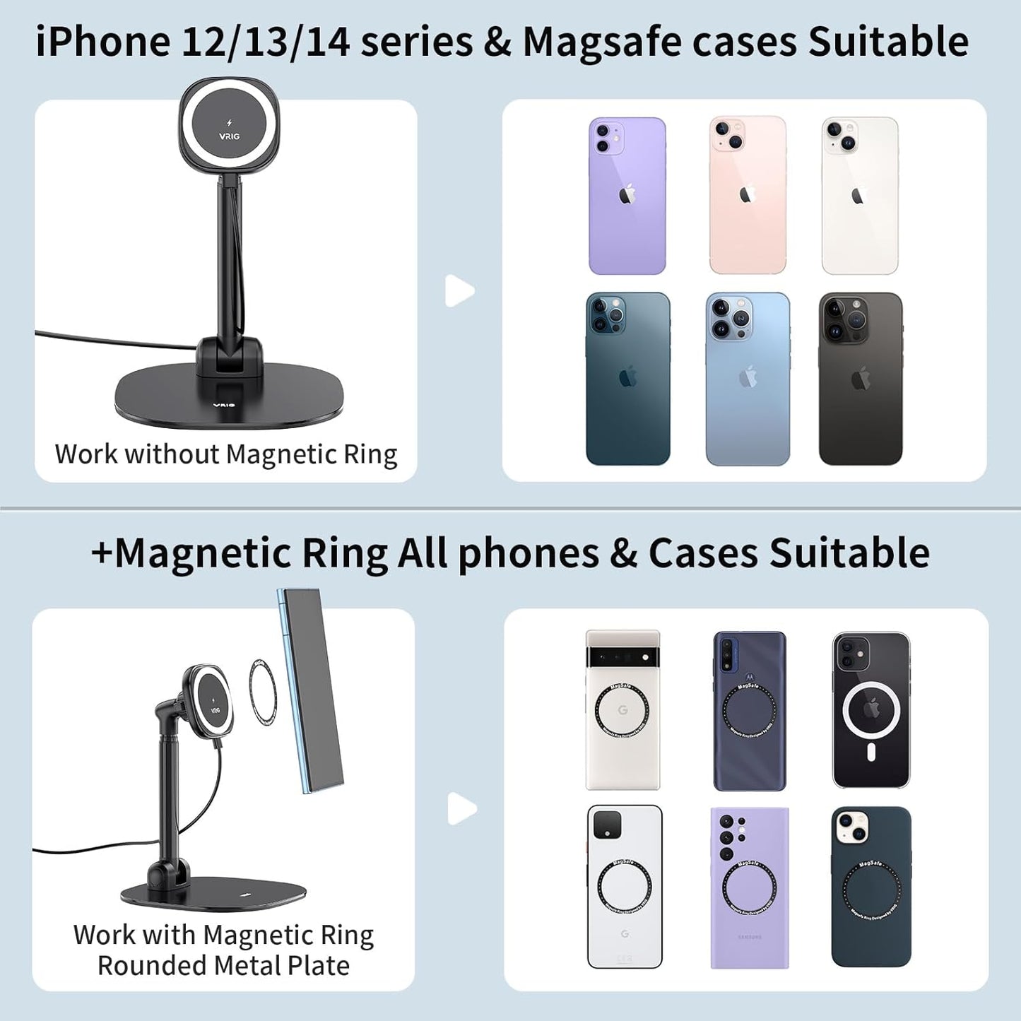VRIG Magnetic Wireless Charger Phone Stand 360°Rotation Desktop Phone Holder Adjustable Cell Phone Stand for iPhone 17/17pro/16/15/14/13 Series Foldable Wireless Charging Station for Android/AirPod
