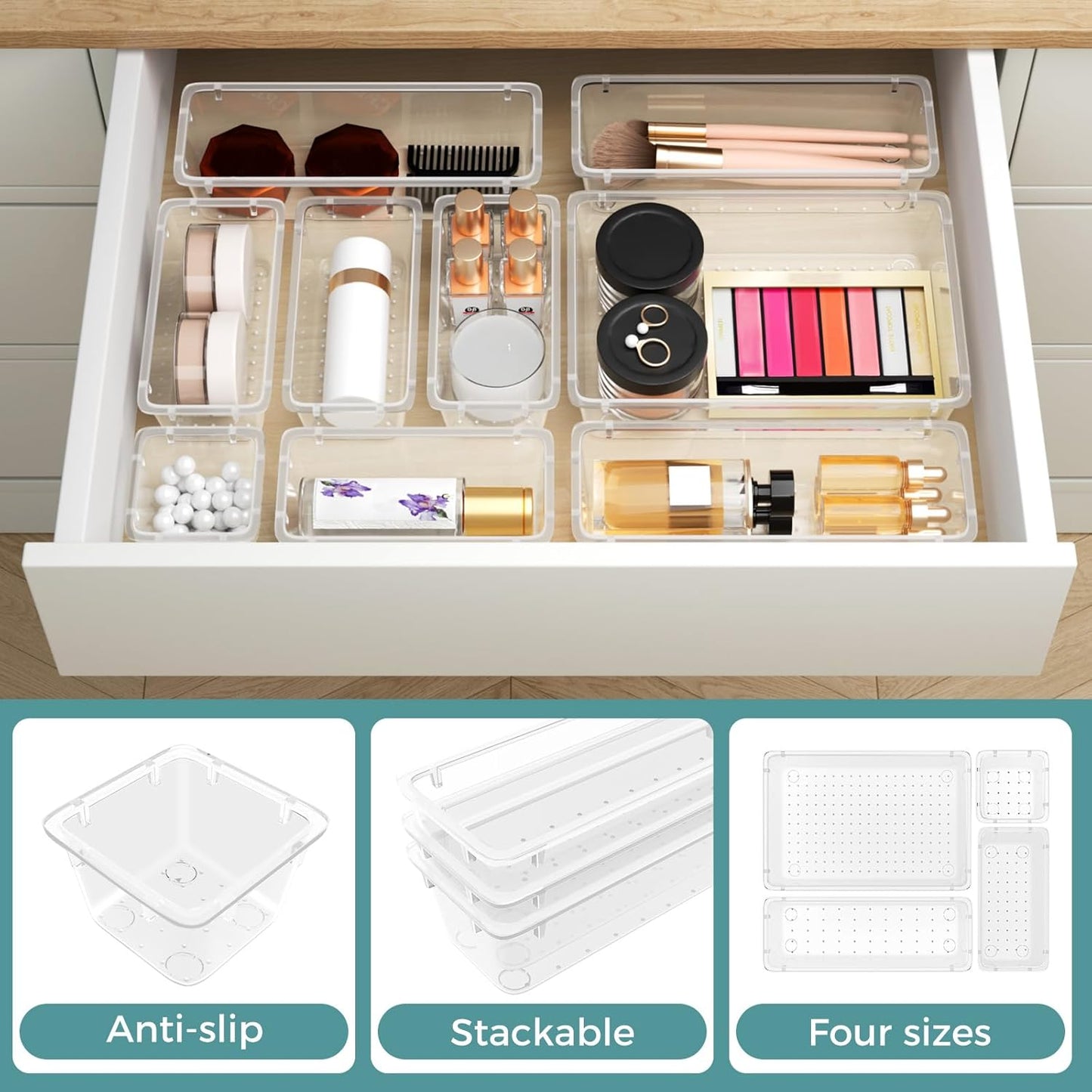 WOWBOX 44 PCS Clear Plastic Drawer Organizer Set, 4 Varied Size storage Bins and Desk Drawer Organizer tool Trays for Makeup, Gadgets, Jewelry and Utensils in Bathroom, Bedroom and Office, Clear Black