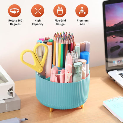 Desk Pencil Pen Holder, 5 Slots 360°Degree Rotating Pen Organizers for Desk, Desktop Storage Stationery Supplies Organizer, Cute Pencil Cup Pot for Office, School, Home, Art Supply, Dark Green