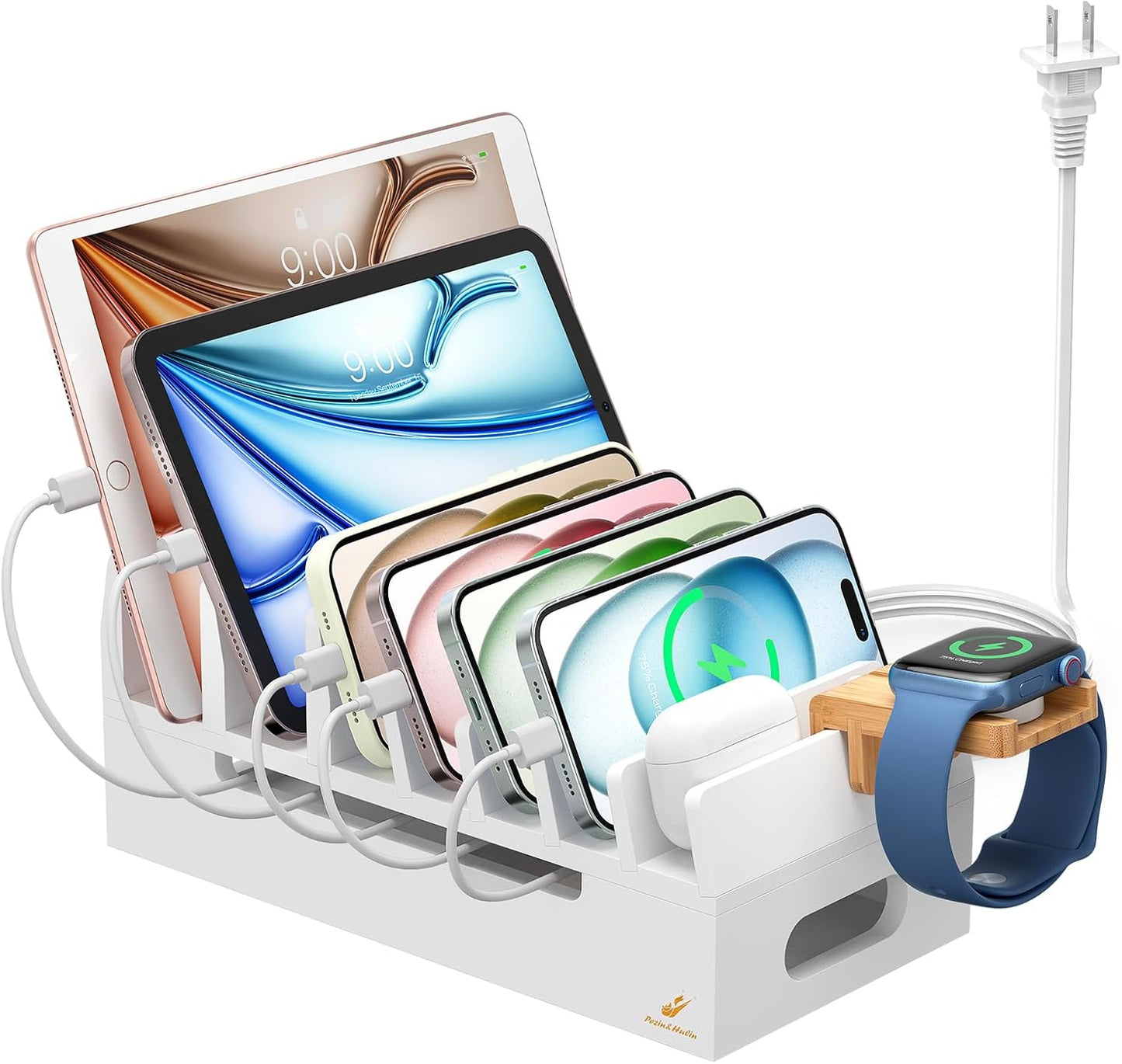 Pezin & Hulin Bamboo Charging Station with Watch Stand, Docking Holder for Multi Device with 5 Port USB Charger HUB, 5 Charge Cables, Desktop Electronic Organizer for Cellphone, Tablet, Watch