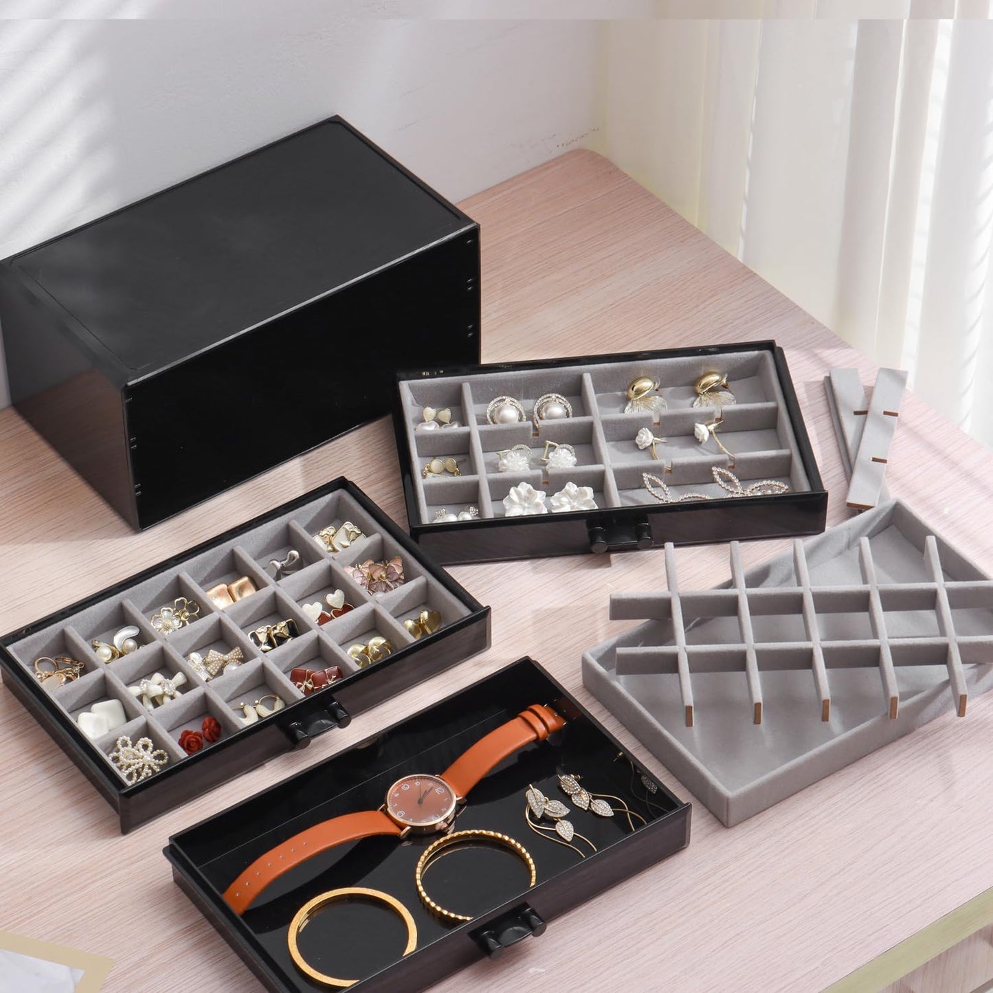 YUFONG Earring Organizer Box Acrylic Jewelry Organizer with 3 Drawers 54 Adjustable Grids Clear Stackable Earring Holder Velvet Trays Ring Display Case for Women Girls (Beige)