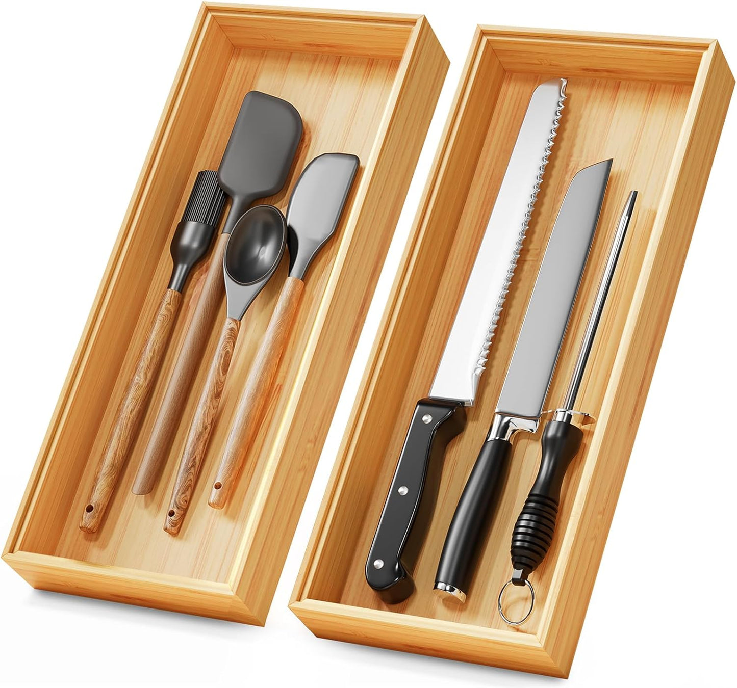 Bamboo Kitchen Drawer Organizer Set of 2, Stackable 15" x 6" Wood Silverware Utensil Tray for Drawers Bins, Cutlery & Flatware Storage – Wooden Boxes Organizers for Junk Drawer, Bathroom, RV