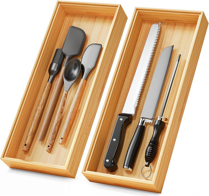 Bamboo Kitchen Drawer Organizer Set of 2, Stackable 15" x 6" Wood Silverware Utensil Tray for Drawers Bins, Cutlery & Flatware Storage – Wooden Boxes Organizers for Junk Drawer, Bathroom, RV