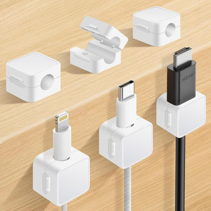 6 Pack Magnetic Cable Clips+2 Sheets (20 Lables) Cute Self-Adhesive Sticker Lables, 11.5mm Ultra Slim Smooth Adjustable Cord Organizer, Under Desk Cable Management for Home/Office/Kitchen/Nightstand