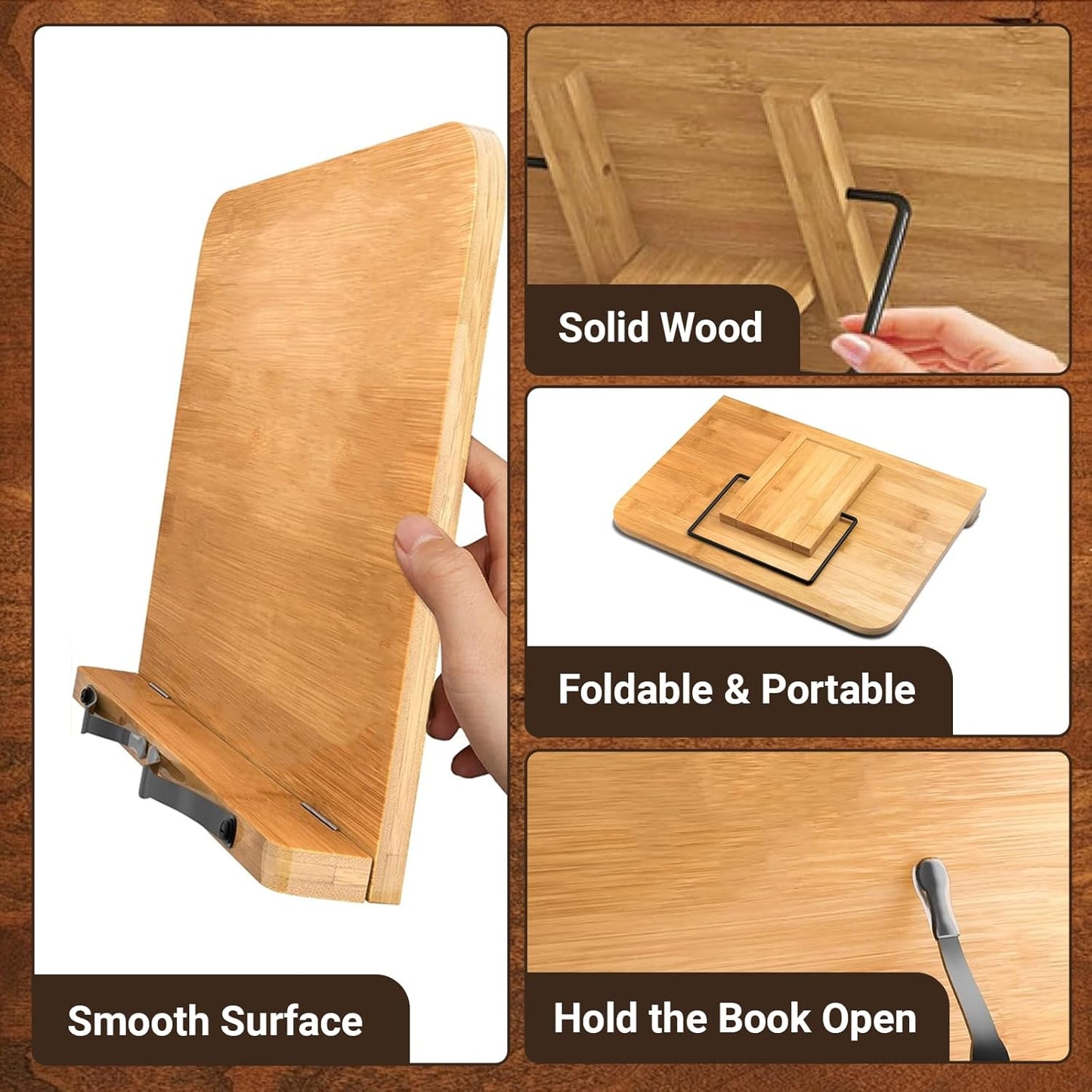 Bamboo Adjustable Book Stand, Stable and Portable Stable Hard Holder Stand for Reading Book, Bible, Textbooks Cookbooks Tablets (Large)