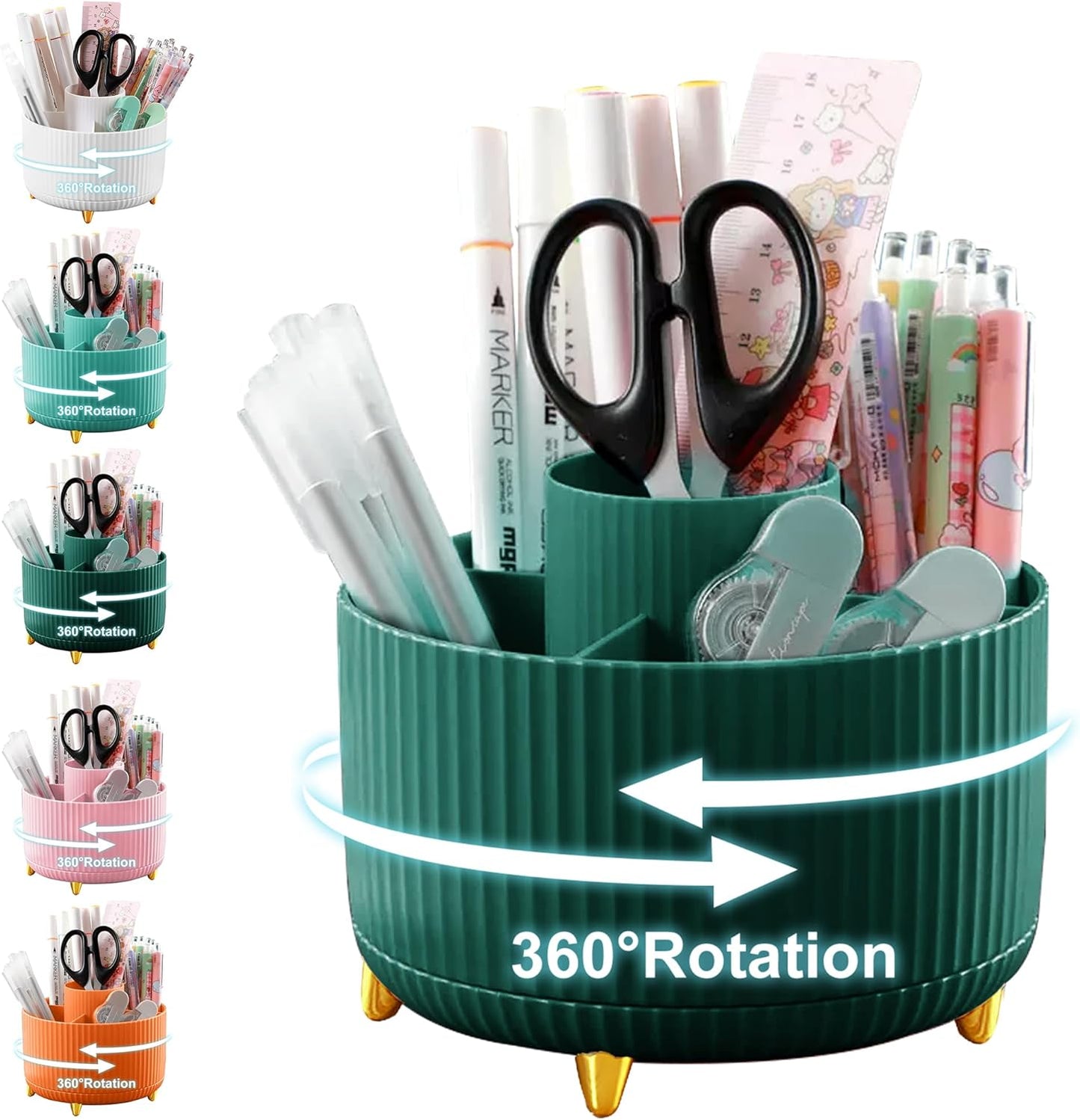 Cayxenful Pencil Holder For Desk,5 Slots 360°Degree Rotating Desk Organizers And Accessories,Desktop Storage Stationery Supplies Organizer, Cute Pencil Cup Pot For Office, School, Home (B-White)