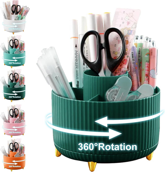 Cayxenful Pencil Holder For Desk,5 Slots 360°Degree Rotating Desk Organizers And Accessories,Desktop Storage Stationery Supplies Organizer, Cute Pencil Cup Pot For Office, School, Home (B-White)