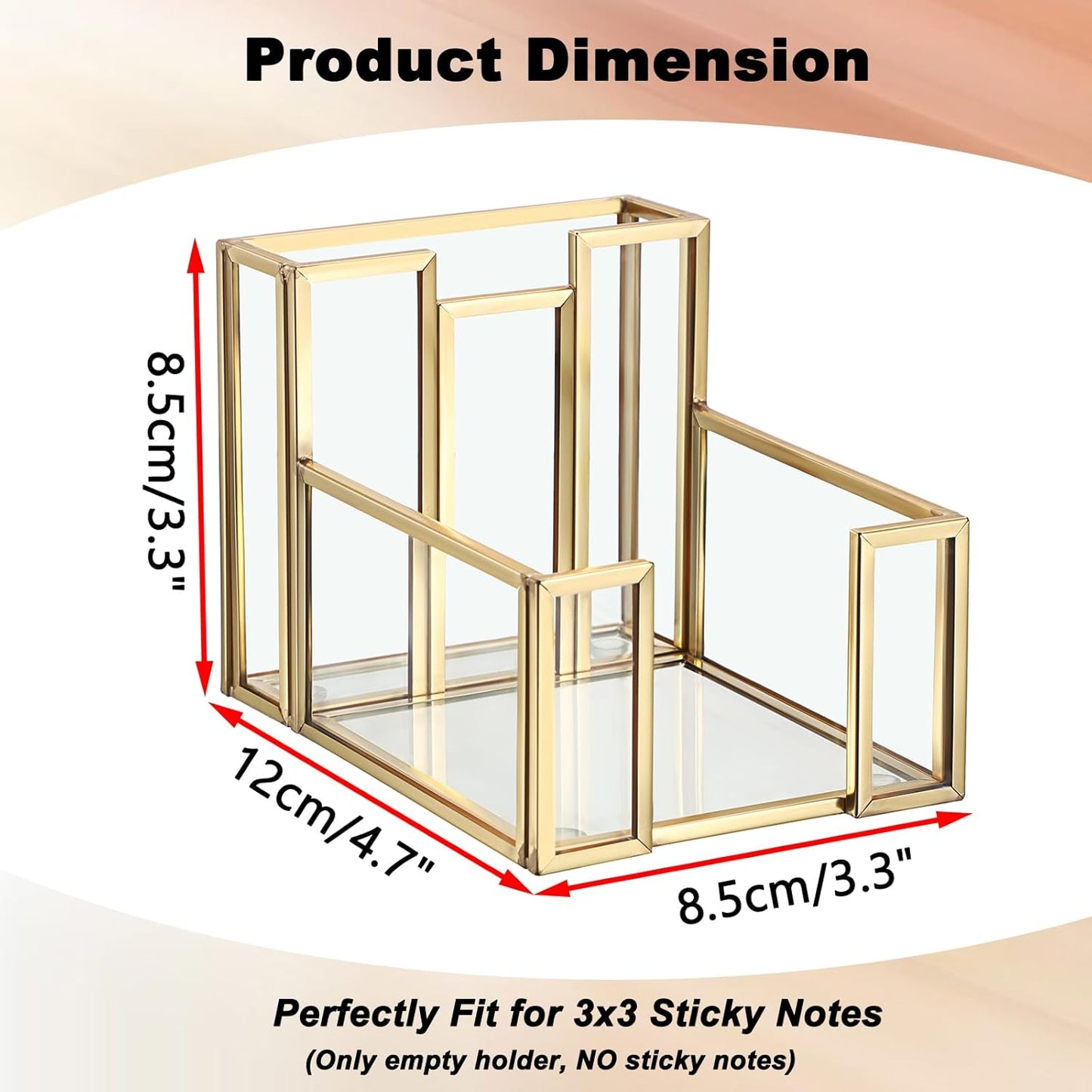 BTSKY Golden Glass 3x3 Inch Sticky Note Holder with Pen Slot, Elegant Post It Note Dispenser with Non-Slip Pads Clear Notepad Holder for Desk Organization Planning, Home Office Decor