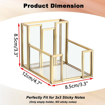 BTSKY Golden Glass 3x3 Inch Sticky Note Holder with Pen Slot, Elegant Post It Note Dispenser with Non-Slip Pads Clear Notepad Holder for Desk Organization Planning, Home Office Decor