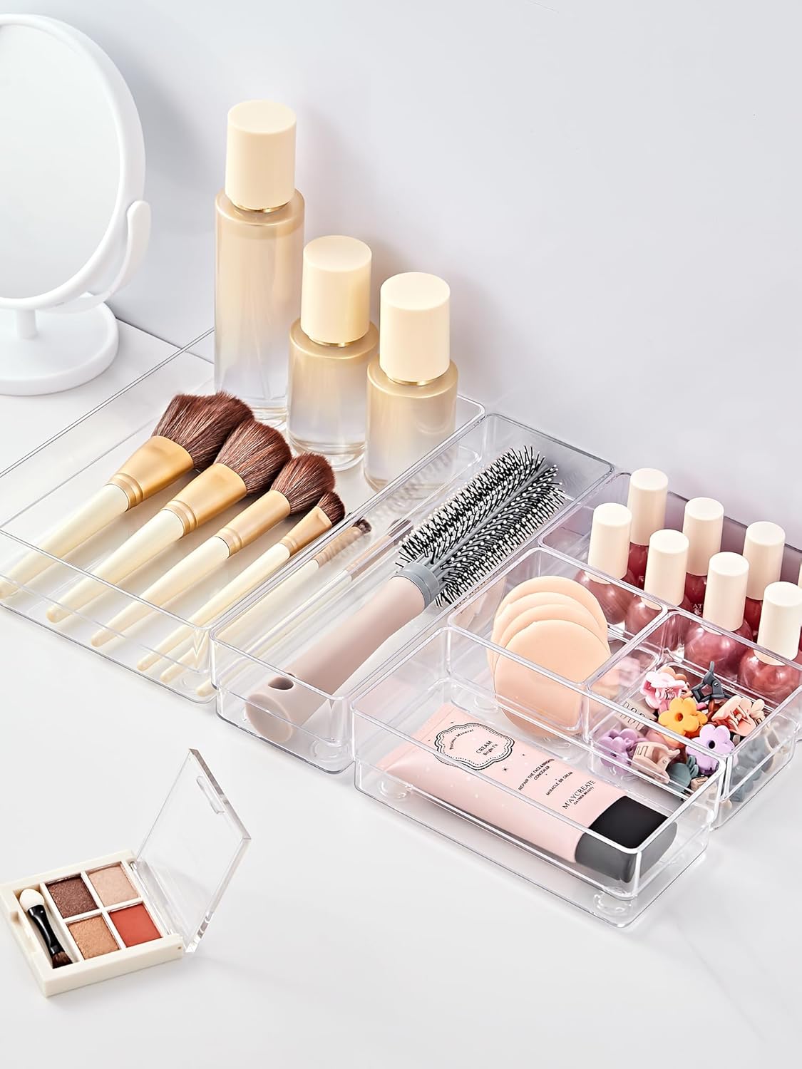 SMARTAKE 13-Piece Drawer Organizer with Non-Slip Silicone Pads, 5-Size Desk Drawer Organizer Trays Storage Tray for Makeup, Jewelries, Utensils in Bedroom Dresser, Office and Kitchen (Clear)
