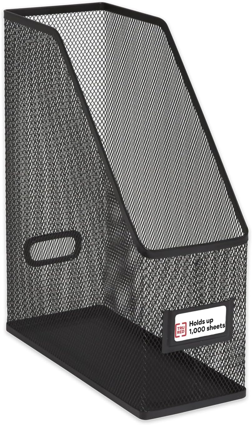 TRU RED Metal Magazine File Organizer, Black – Top‑Loading Desktop File Holder with Handle, Holds Up to 1000 Sheets