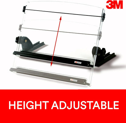 3M Adjustable Document Copy Holder, Inline with Monitor Minimizing Head and Neck Movement, 150 Sheet Capacity, Holds Sheets and Books, Elastic Guide Keeps Pages Open, 14 in Wide, Black/Clear (DH630)