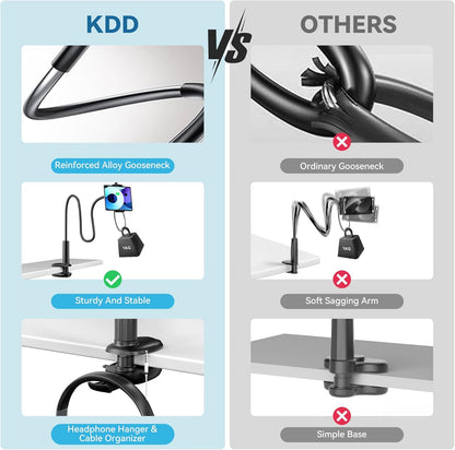 KDD Gooseneck Tablet Stand, 360° Adjustable Phone & iPad Holder for Bed and Desk, Flexible Arm Mount Clip for Video Recording, Bedside & Headboard Clamp for iPad Pro 12.9, Mini, Kindle