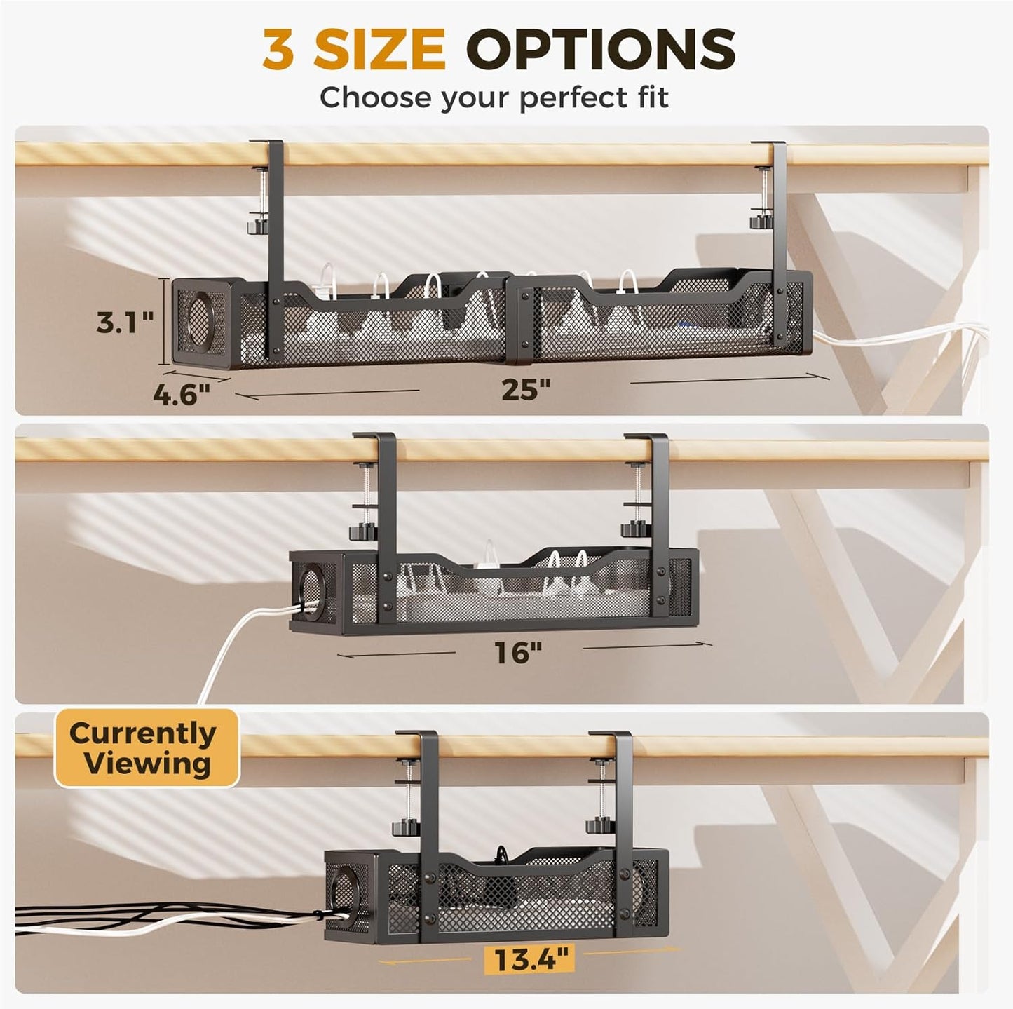 Under Desk Cable Management Tray White, Cinati Wire Organizers No Drill, Cable Tray with Clamp for Wire Management, Cord Organization Box for Office, Home - No Damage to Desk