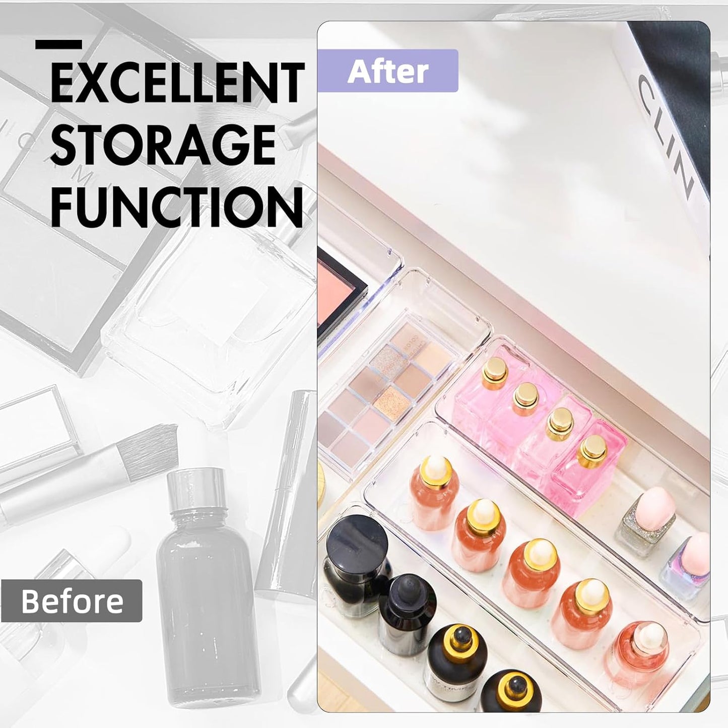 HOUSE DAY Makeup Drawer Organizer Trays 24 PCS, 4-Size Clear Drawer Organizers with Silicone Pads, Vanity Organizers and Storage, Non Slip Plastic Drawer Organizer for Desk, Bathroom, Kitchen, Office