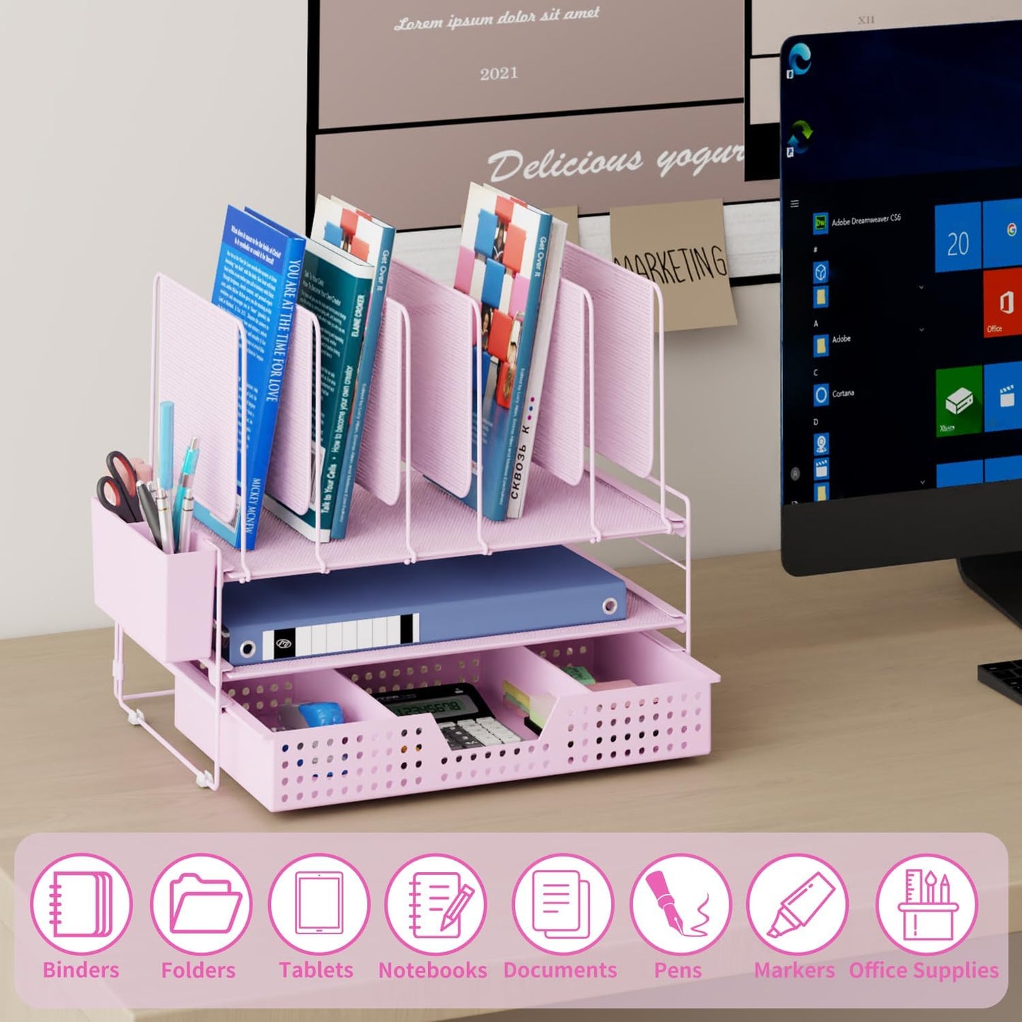 LEKETREE Desk Organizer, Office Organization with Vertical File Holder, File Organizer with Drawer and Pen Holder, Desk Accessories and Workspace Organizers for Home Office (Black)
