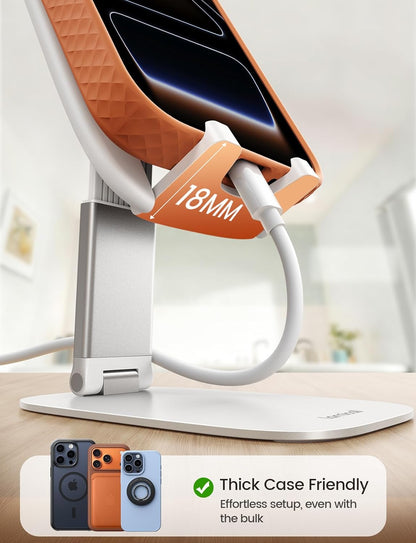 Lamicall Foldable Cell Phone Stand for Desk - [Ultra Thin] Portable Travel Holder, Height Adjustable, Weighted Metal Base, Thick Case Friendly for iPhone 17 16 15 Pro Max, Galaxy S26, Gift Mothers Day