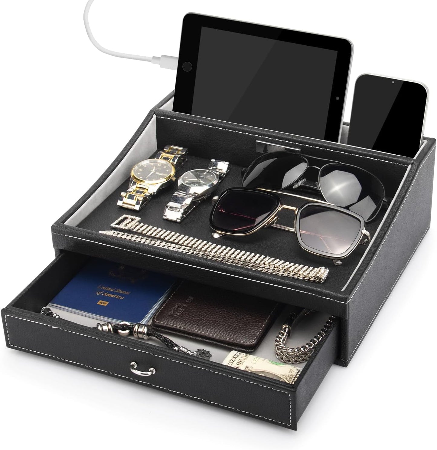 Baoyun Gifts for Dad Mens Nightstand Organizer, Jewelry Box for Men, Mens Dresser Organizer Countertop, Large Capacity Leather Valet Tray for Phones Pad Wallet Key Christmas Gifts for Men