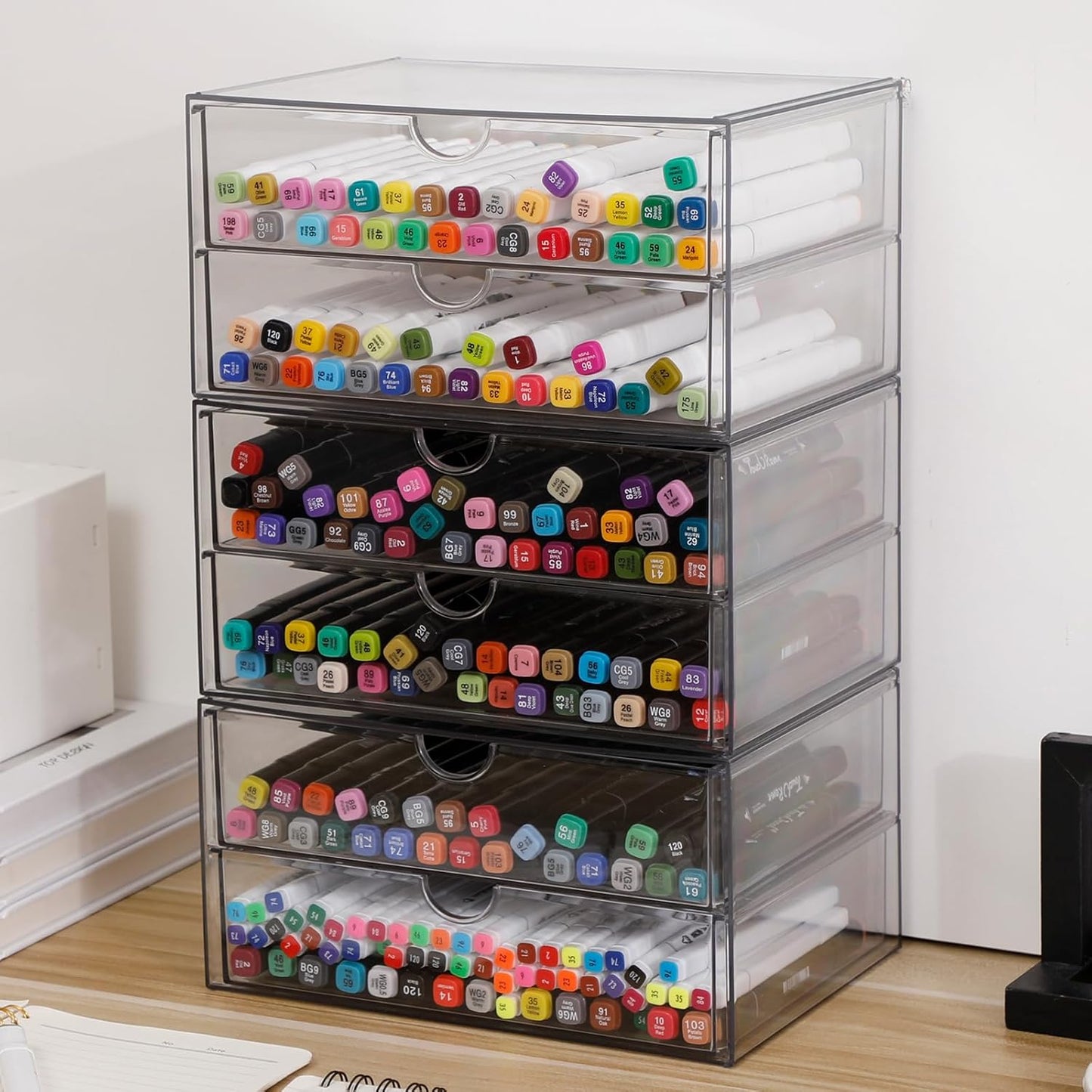 Clear Desk Organizers and Accessories, Plastic Drawer Organizer for Home Office Supplies, Marker Pen, Notebooks, Art Crafts, Stackable Makeup Storage Box for Bathroom Vanity (4 Drawers)