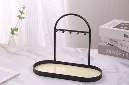 Shinpuru Metal Jewelry Organizer Stand & Key Holder Tray with Acrylic Base, Key Stand and Jewelry Tray with 5 Hooks, Perfect Key Bowl, Valet Key Tray, Ring Holder, Jewelry Dish (Silver Black)