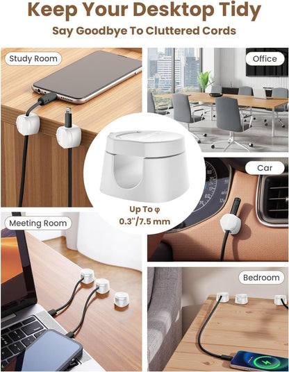 Kanemc Cable Clips Cord Holder for Desk, 360° Spin Magnetic Wire Organizer Self Adhesive Cord Management for Office Desks Cars Home Kitchen Electronic Accessory (White, 6 PCS)