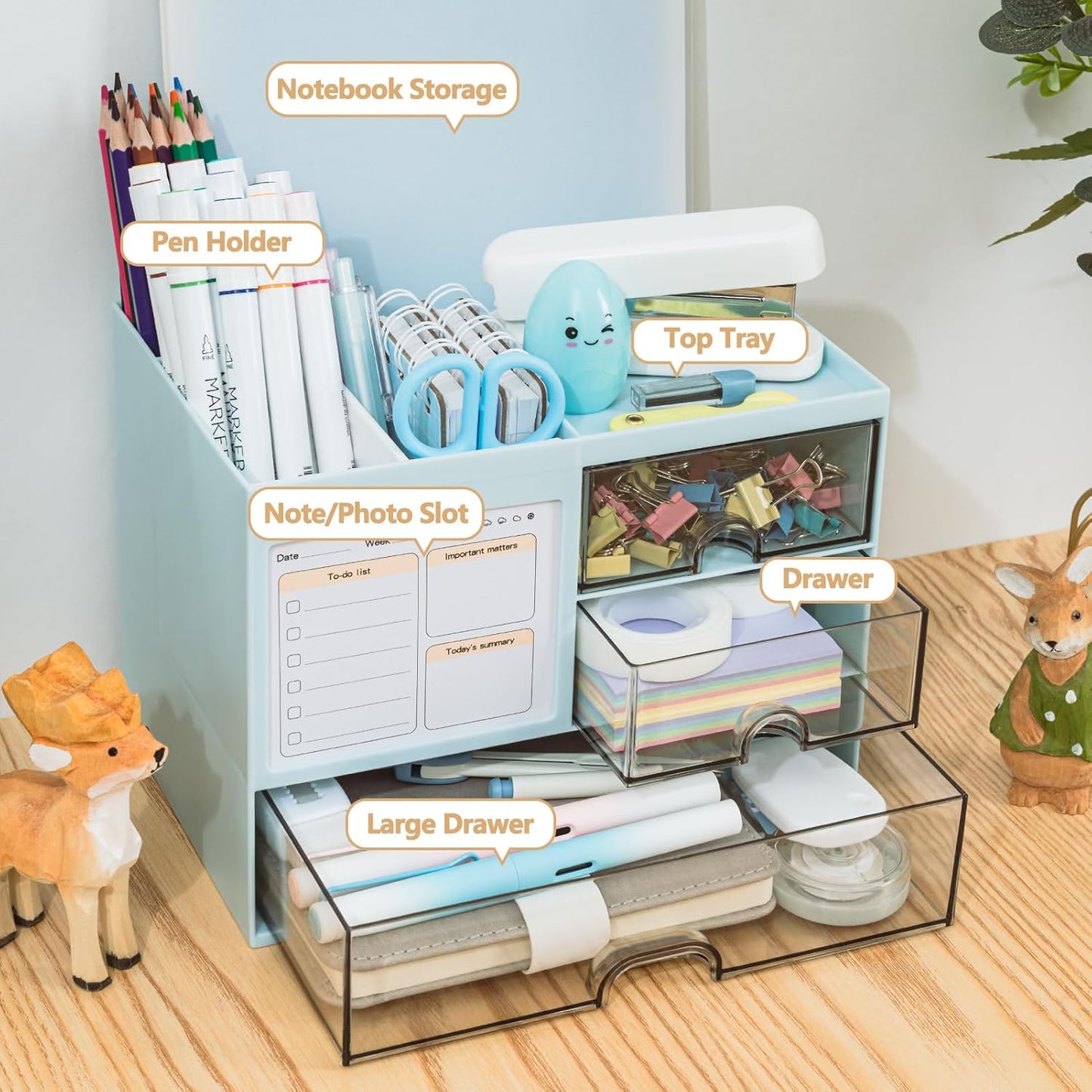 QIYVLOS Desk Organizer with 3 Drawer, Multi-Functional Pencil Pen Holder for Desk, Desk Organizers and Storage with 8 Compartments, Desktop Organizer for Office Home Art Supplies (White)
