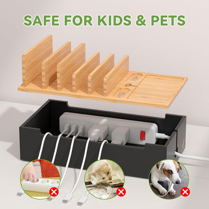Pezin & Hulin Multi Charger Station Organizer Rack, Bamboo Cable Management Box, Power Strips and Cord Hider, Nightstand Device Organizer (Include 6 Cables)(No Power Charging Supply) -White