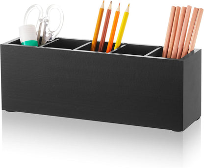 Jetec Wooden Pencil Holder 5 Compartments for Desk Adjustable Pen Holder Wood Office Desk Organizers and Accessories Makeup Brush Organizer for Pen, Home, Office and Art Supplies (White)